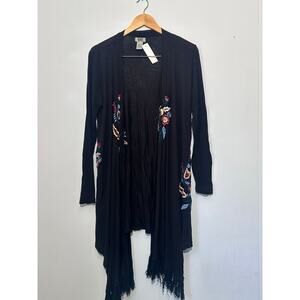 Monroe & Main Black‎ Lightweight cardigan with Floral & Fringe detail medium